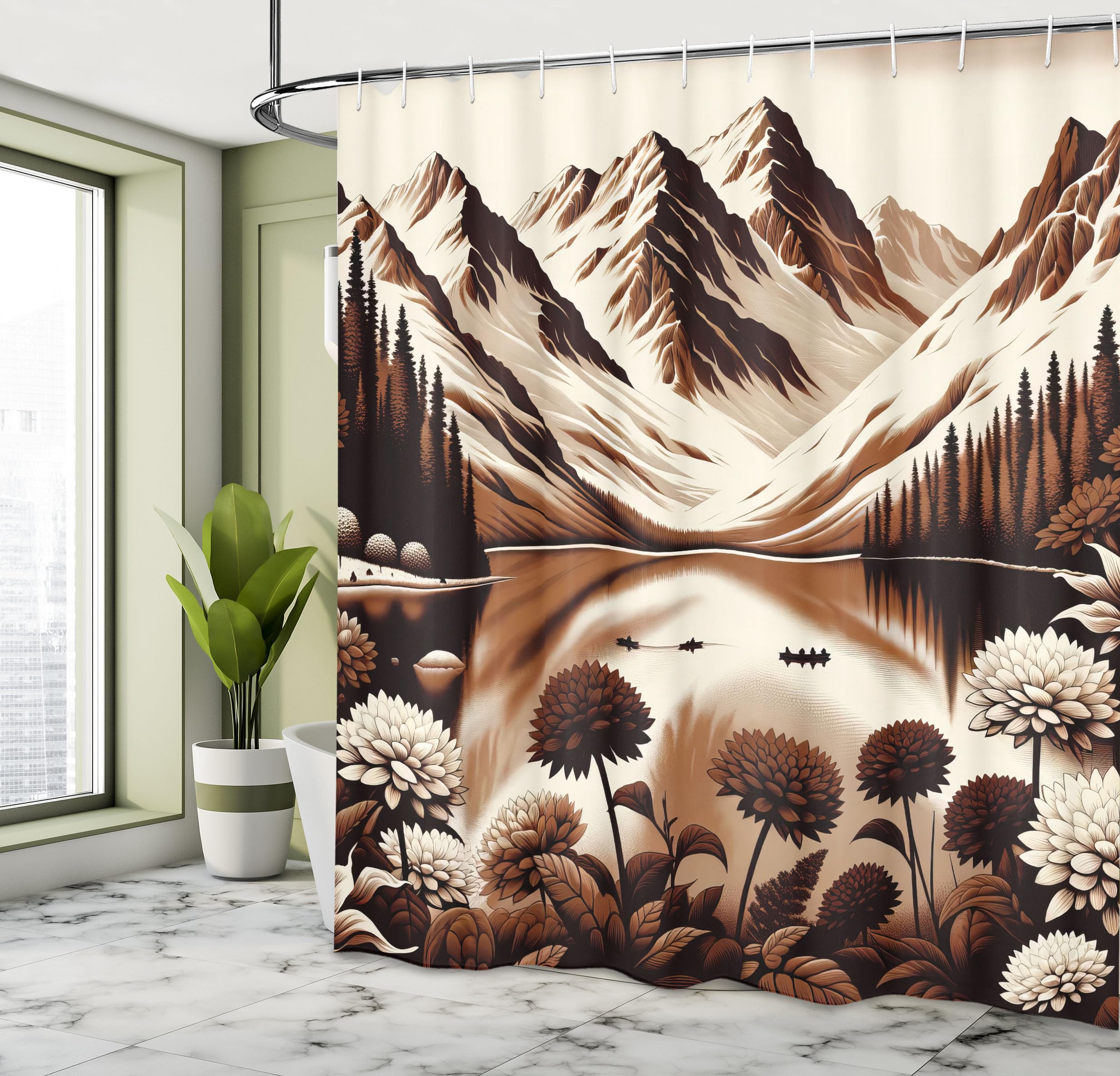 Ambesonne Lake Shower Curtain, Brown Tones Artwork Of Snowy Mountain Scenery With Flowers Darkened Woods, Cloth Fabric Bathroom